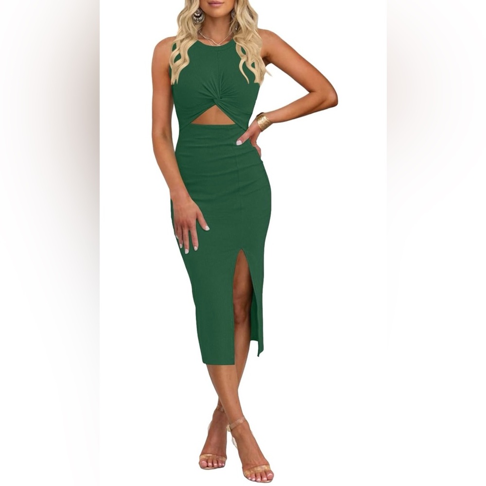 Green Ribbed Twist Front Cutout Midi Dress Size Small Bodycon Vacation - Picture 4 of 14